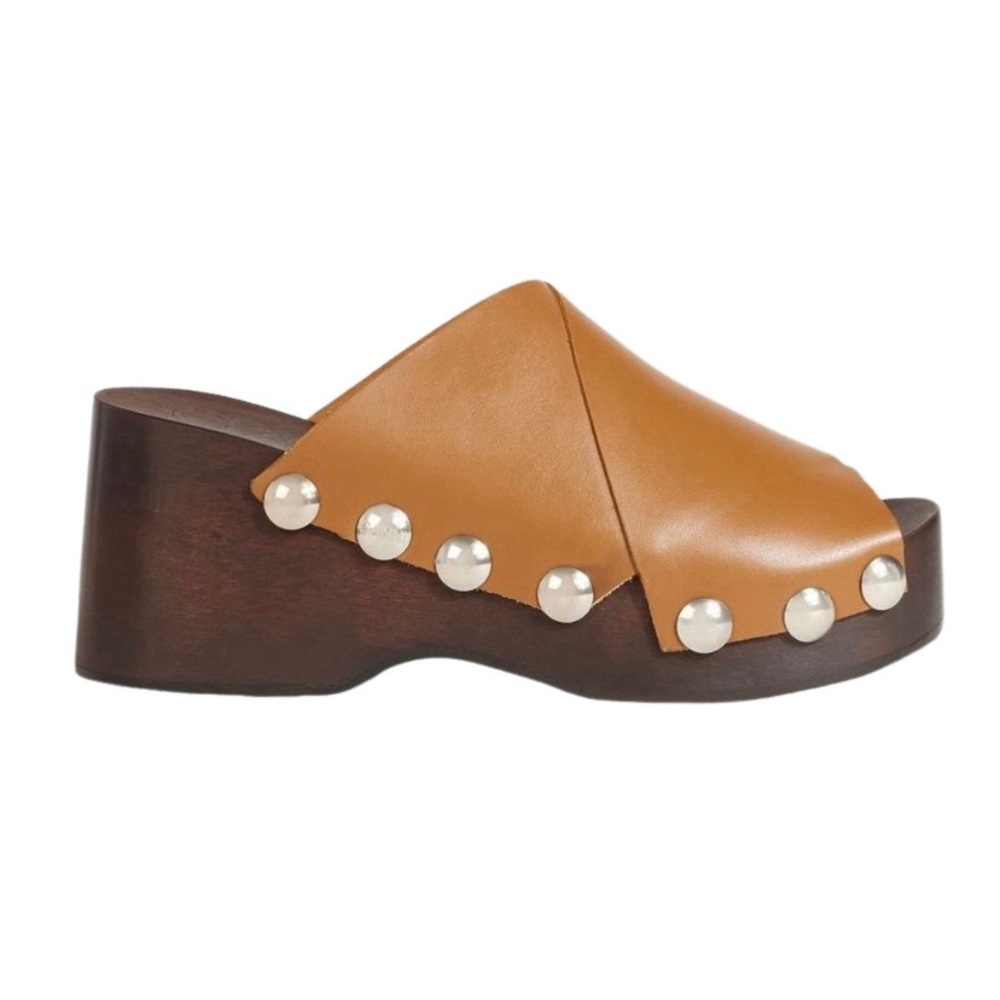 NWOB Ganni Tan Studded Platform Leather Mule Sandals - Sz 10